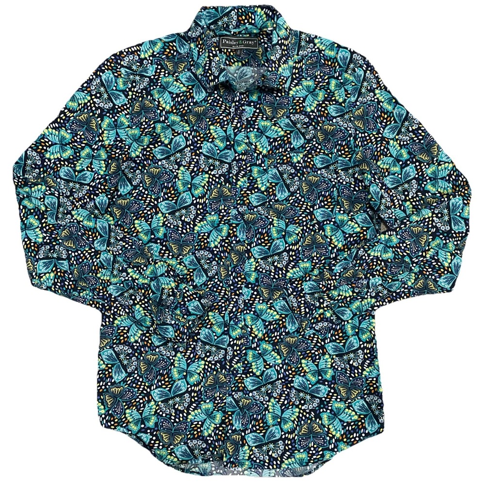 Paisley & Gray Long Sleeve Slim Fit Shirt - Small/15 Aqua‎ Paisley Print